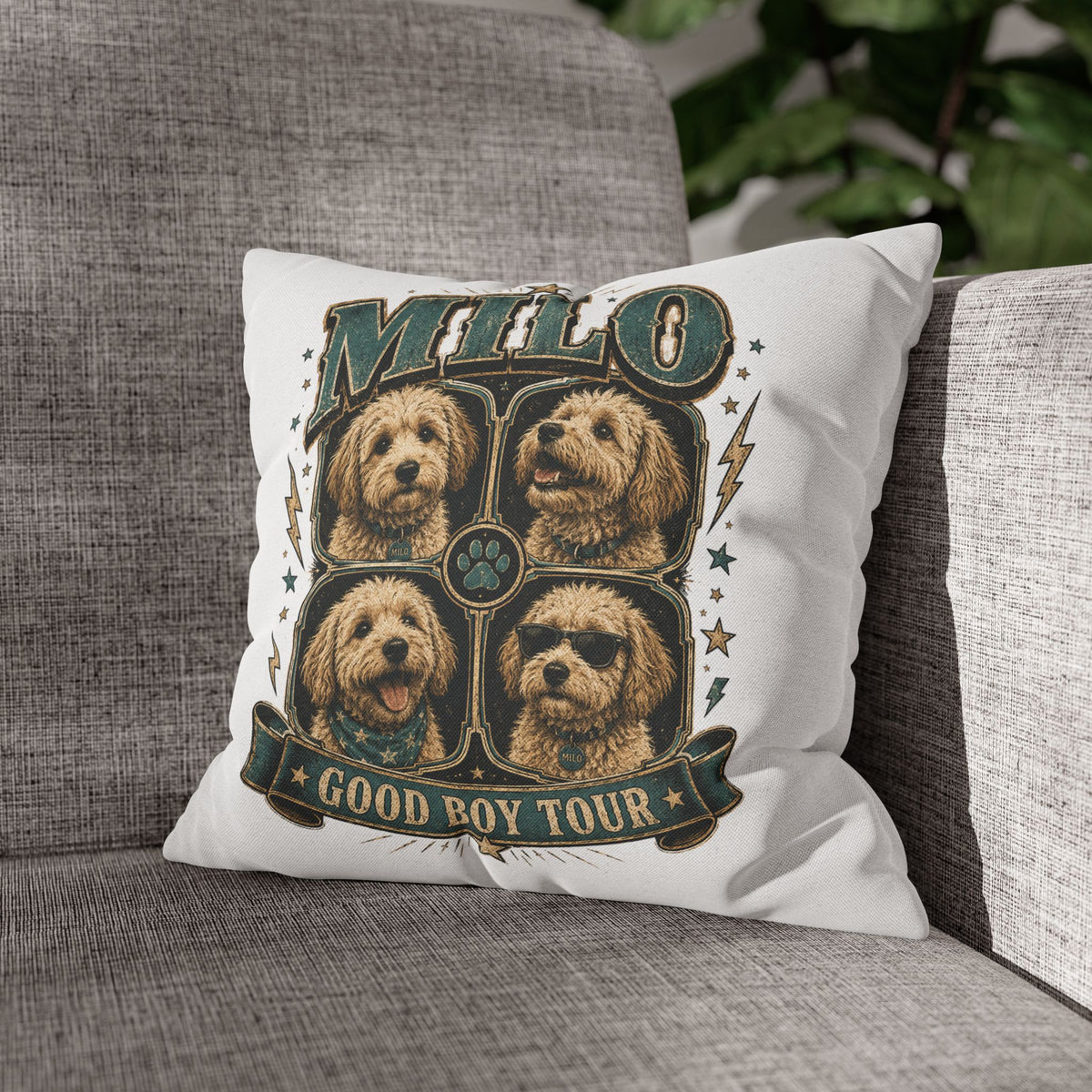 Milo "Good Boy Tour" Decorative Pillowcase — Dog Band Tour Poster Throw Pillowcase Milo Bailey Dog Dad Mom