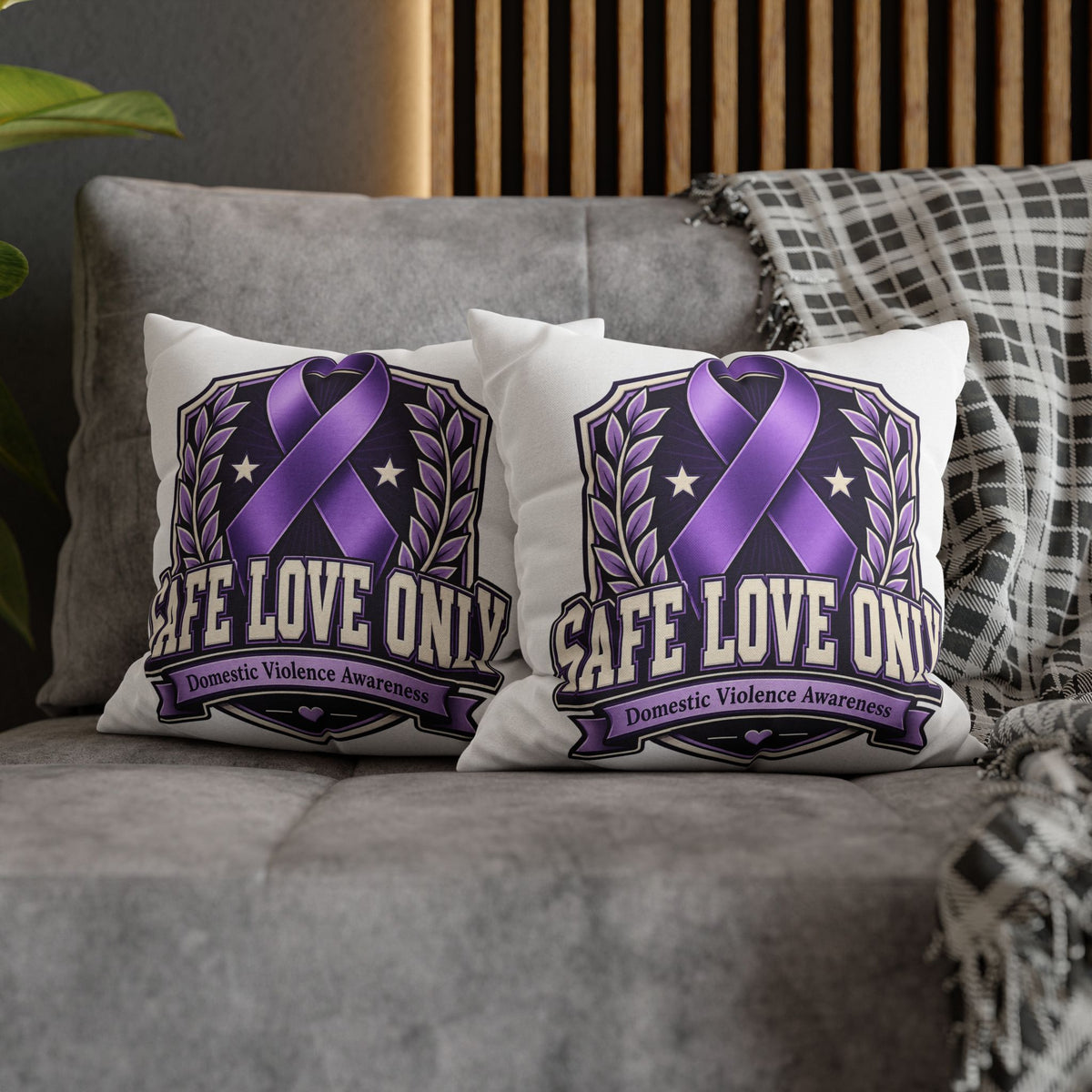 Domestic Violence Awareness Pillow — "Safe Love Only" Purple Ribbon Accent