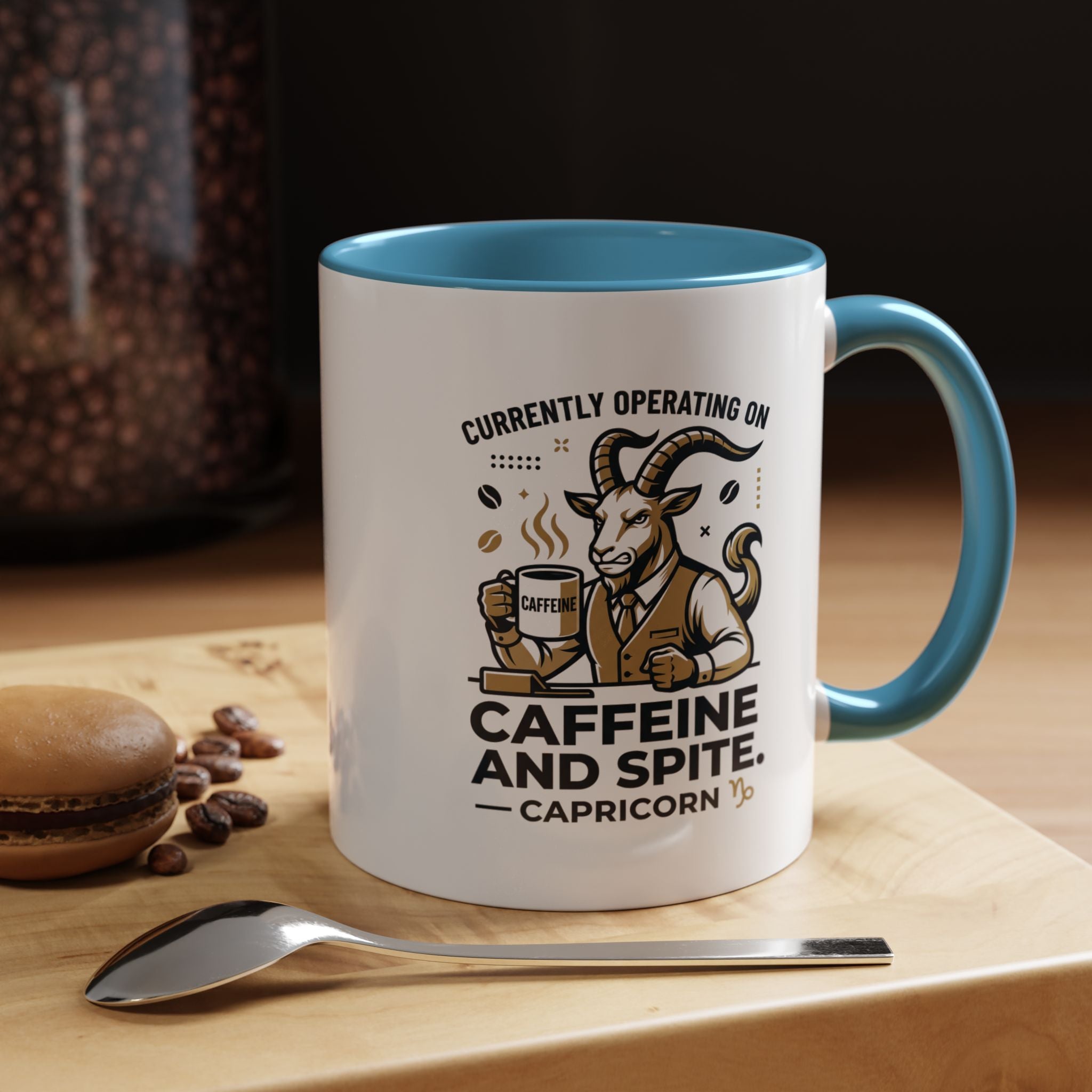 Capricorn Coffee Mug — “Currently Operating on Caffeine and Spite” Accent Mug (11/15oz)