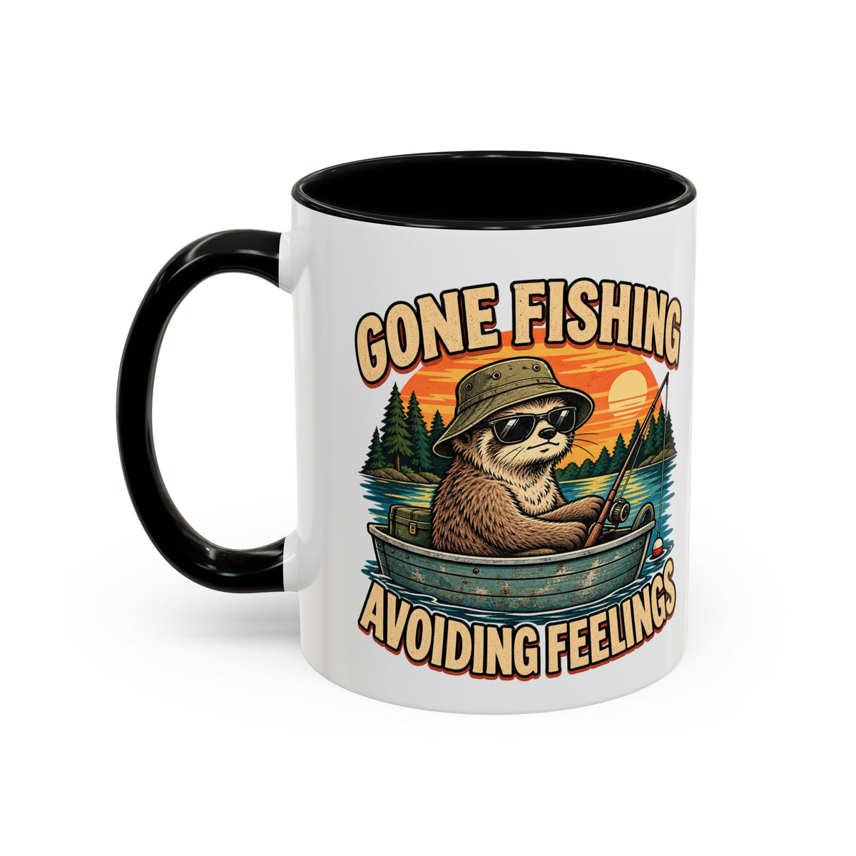 Funny And Witty "Gone Fishing Avoiding Feelings" Accent Coffee Mug (11, 15oz)