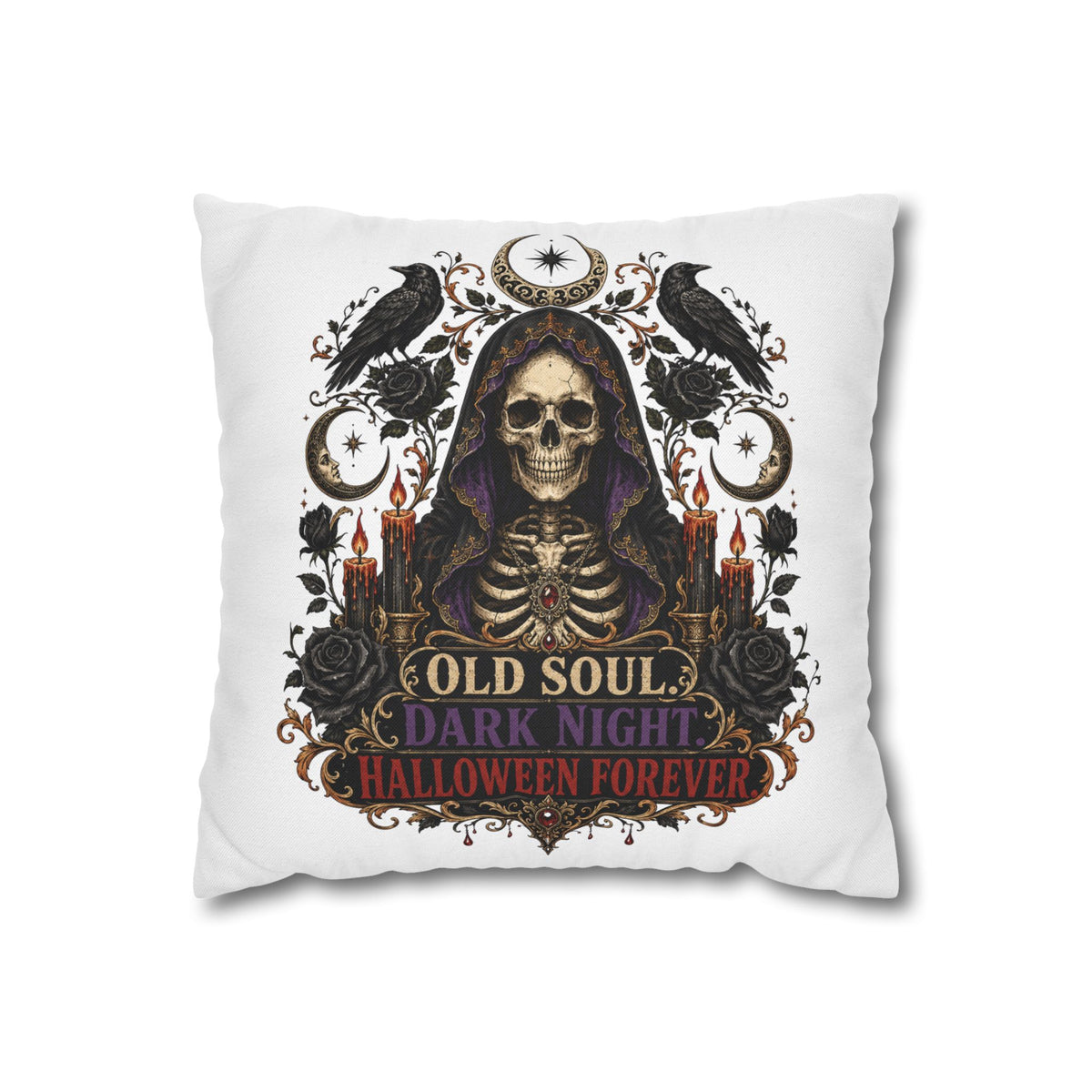 Halloween Skull Pillowcase — "Old Soul Dark Night" Spun Polyester Square Pillow
