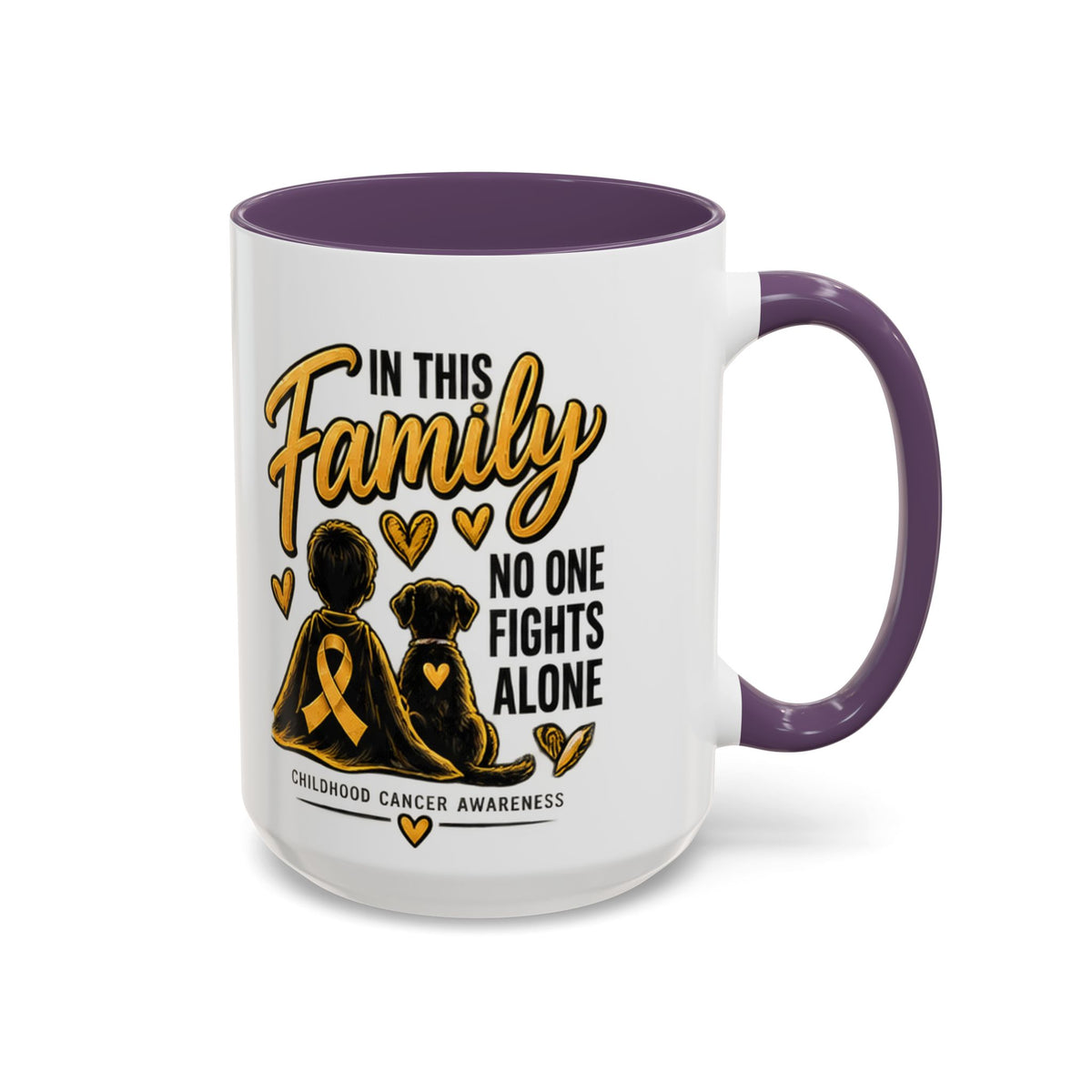 Childhood Cancer Awareness Accent Coffee Mug – "In This Family No One Fights Alone" (11/15oz)
