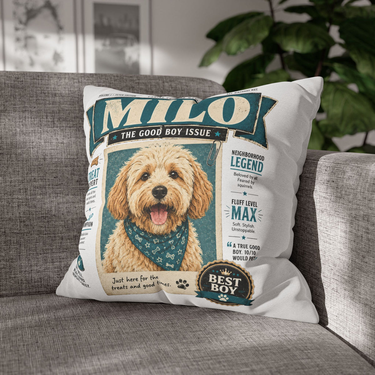 Personalized Dog Pillowcase — "Milo: The Good Boy Issue" Decorative Throw Pillowcase Milo Bailey Dog Dad Mom