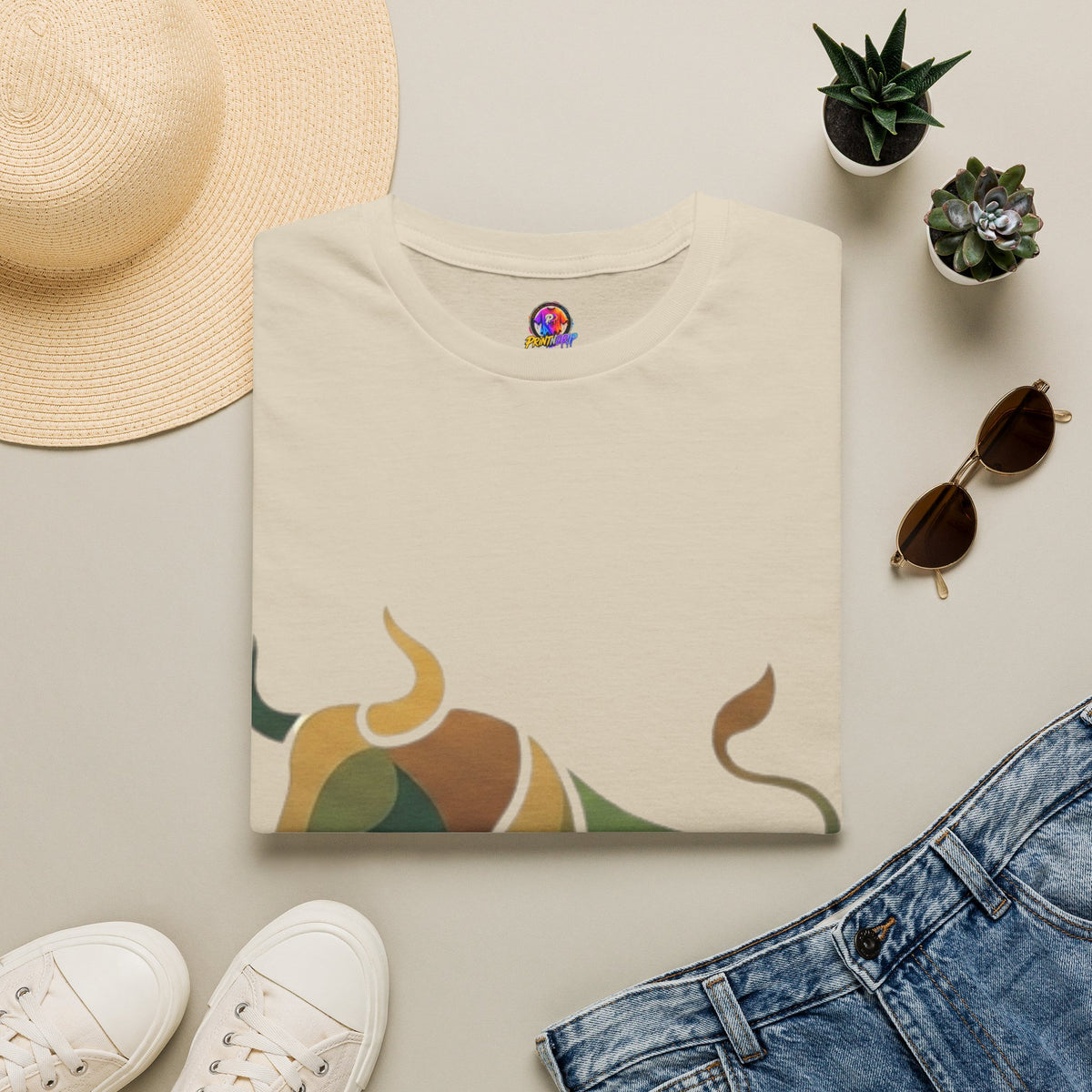 Bull Graphic T-Shirt — Earth Tone Geometric Taurus Design