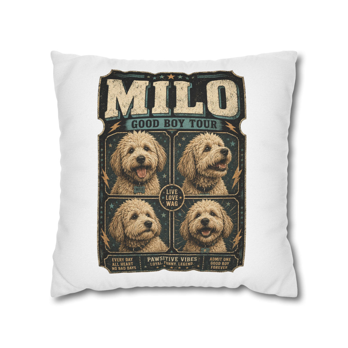 Milo "Good Boy Tour" Square Pillowcase — Cute Dog Portrait Decorative Pillowcase Milo Bailey Dog Dad Mom