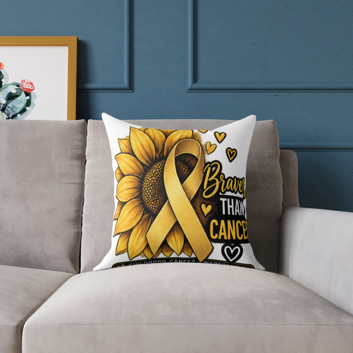 Sunflower Gold Ribbon Pillow —Childhood Cancer  'Braver Than Cancer' Awareness Throw Pillow