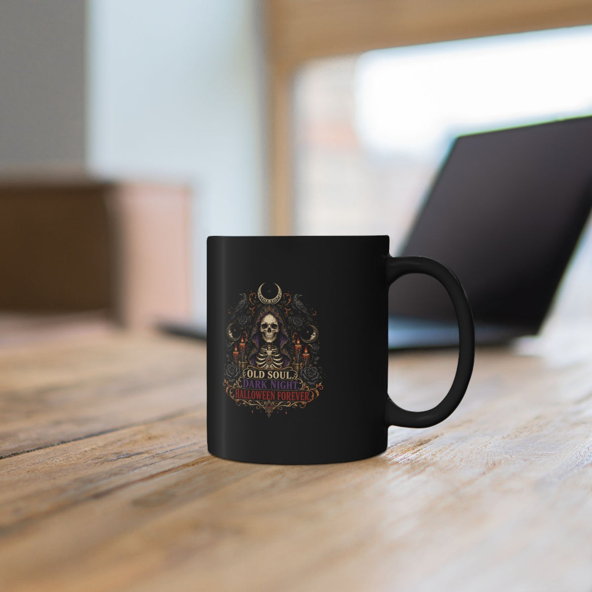 Halloween Skull Mug – "Old Soul, Dark Nights" Gothic Coffee Cup