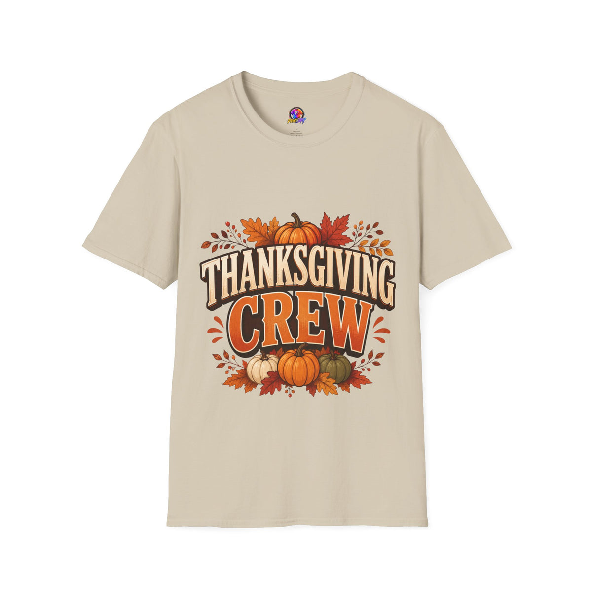 Thanksgiving T-Shirt Crew T-Shirt— Festive Pumpkin & Fall Leaves Holiday Tee