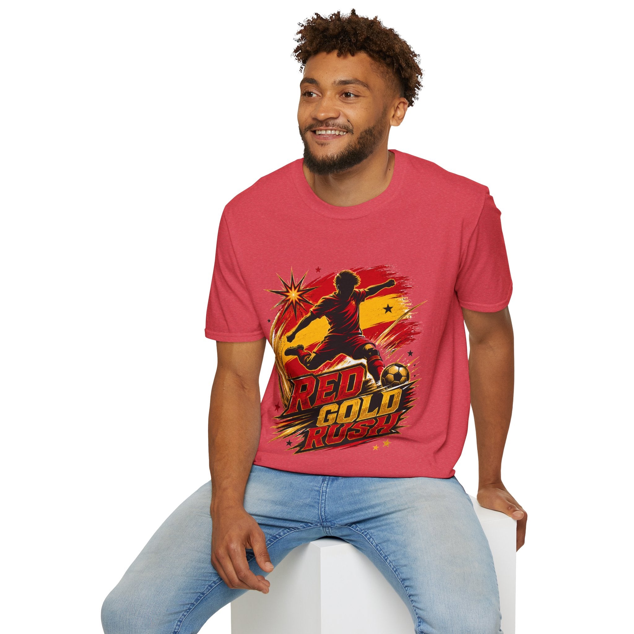 Spain Red & Gold Rush Soccer T-Shirt — Retro Soccer Player Graphic