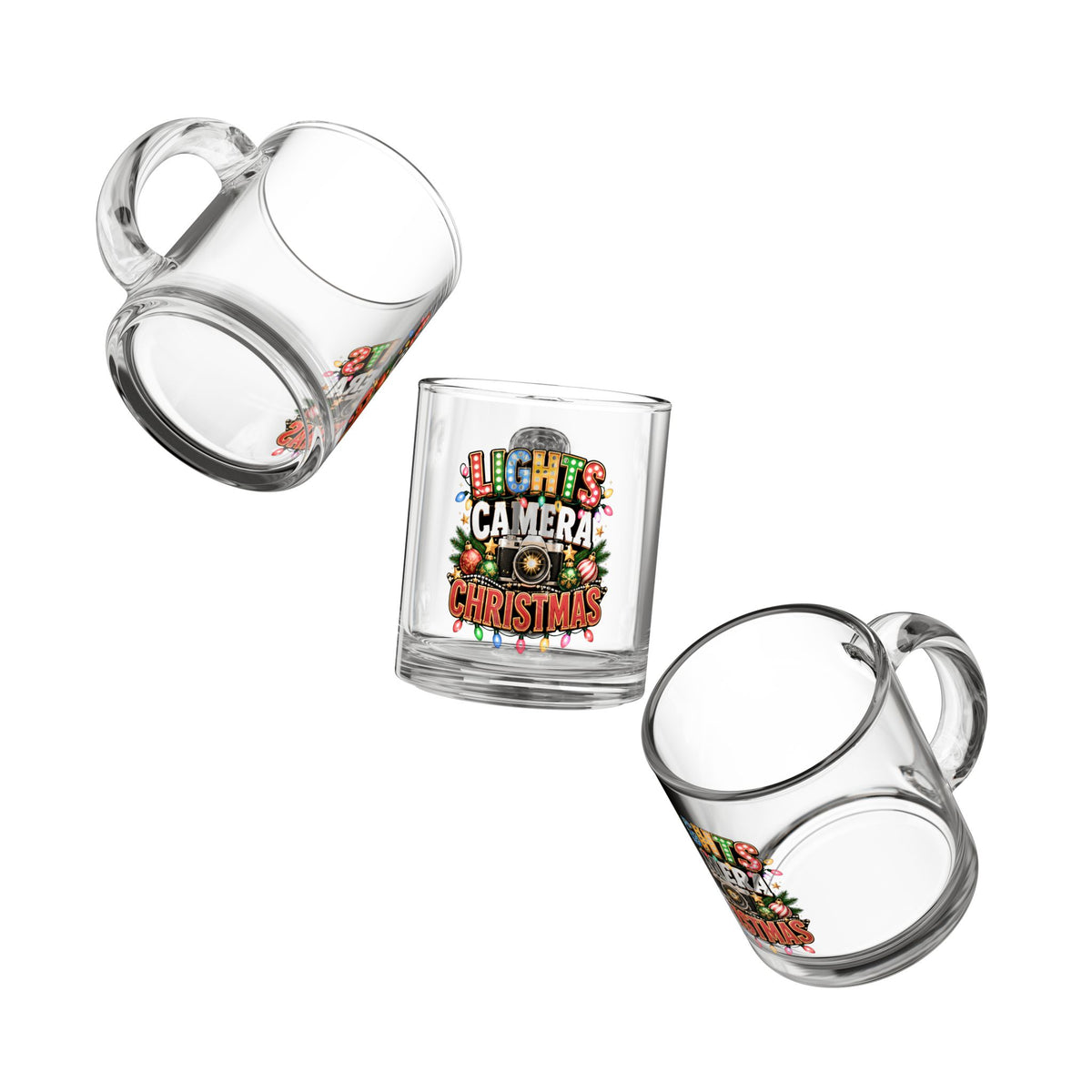 Christmas Glass Mug 10 ozGlass Mug — "Lights Camera Christmas" Holiday Film Lover Coffee Mug