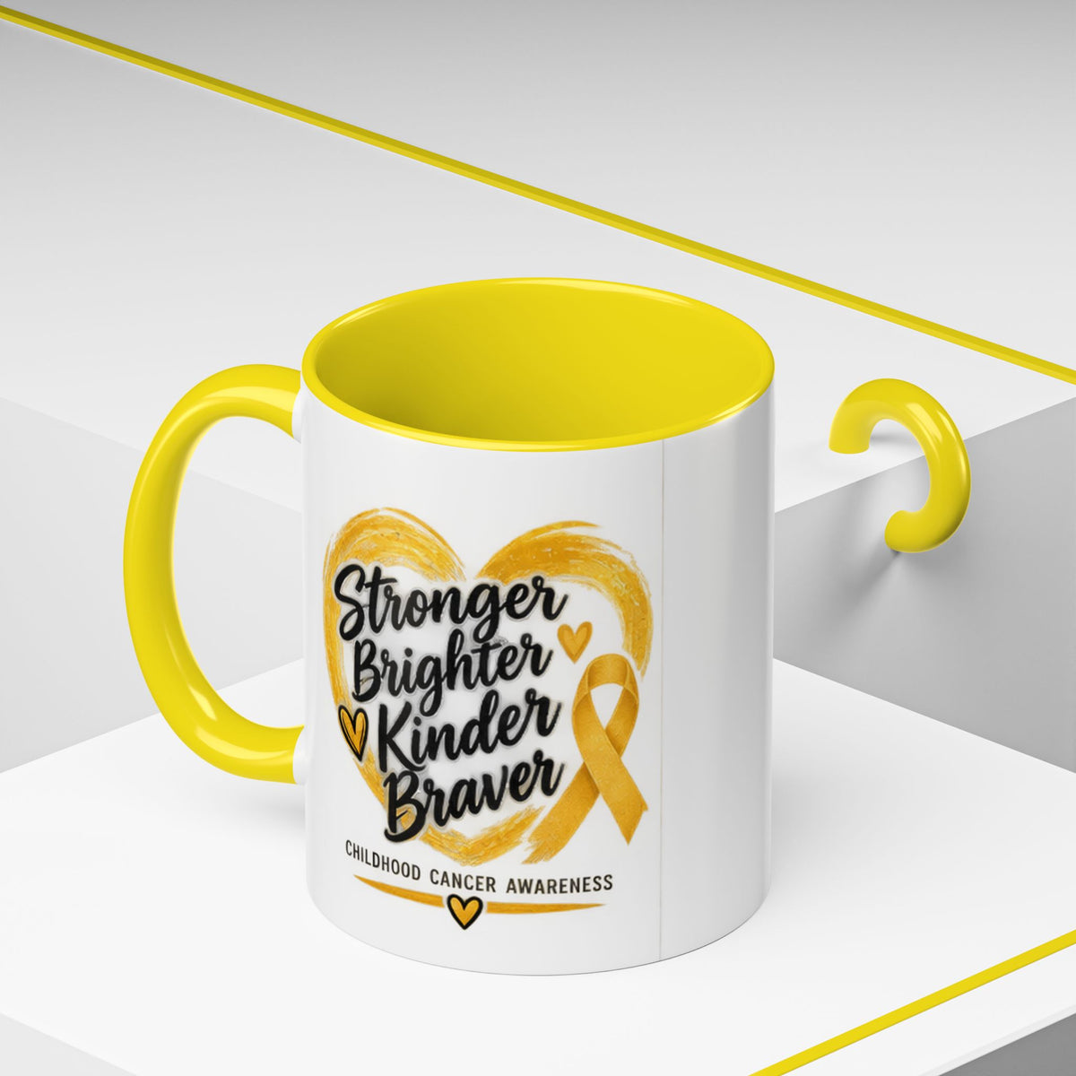 Childhood Cancer Awareness Accent Coffee Mug — "Stronger Brighter Kinder Braver"