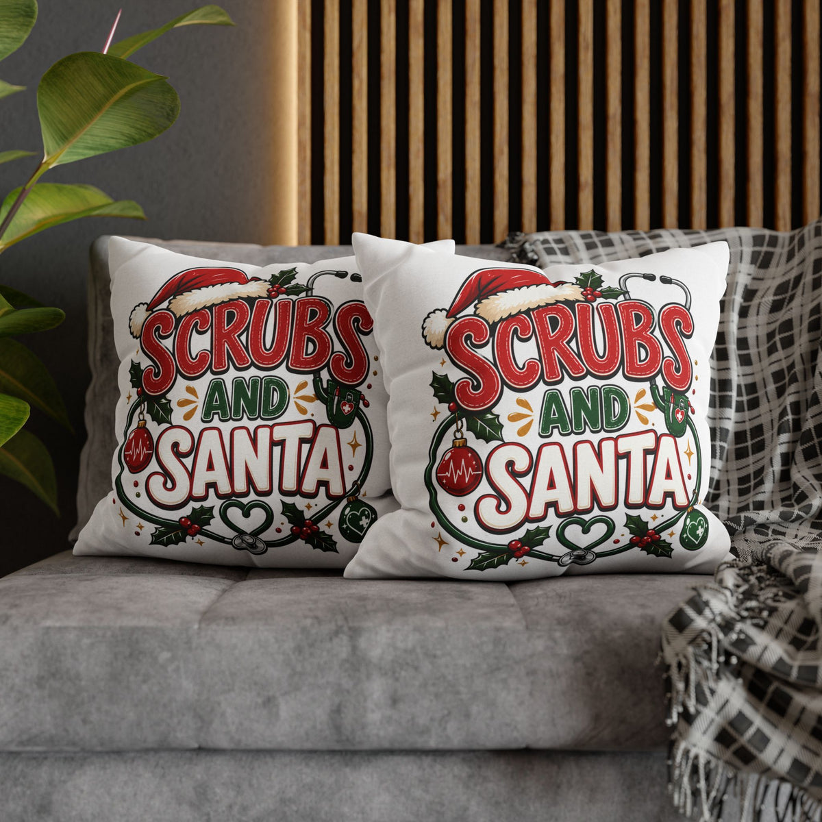 Christmas Scrubs and Santa Holiday Pillowcase – Christmas Nurse Decorative Throw Pillow Cover