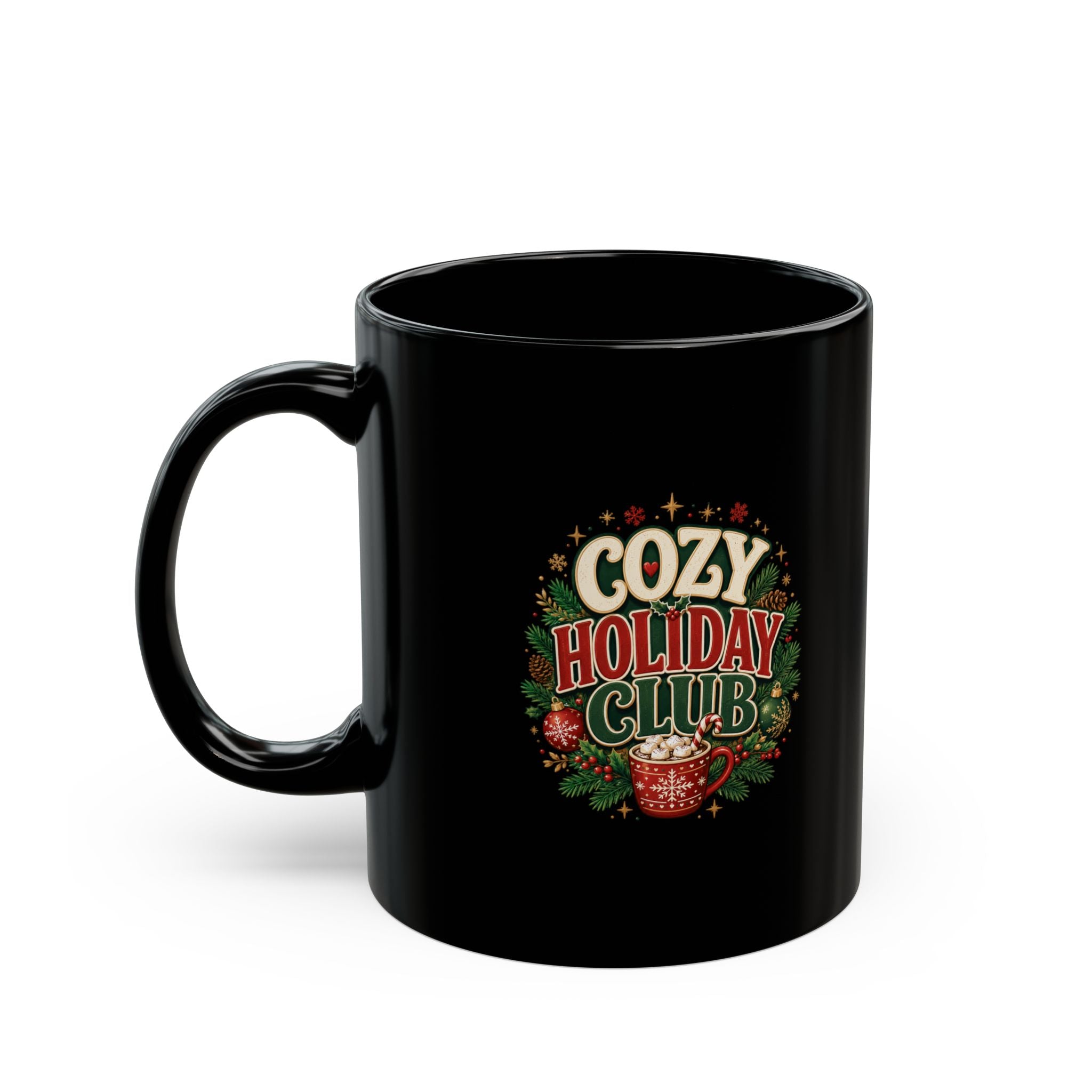 Cozy Holiday Club Mug — Festive Black Christmas Coffee Cup