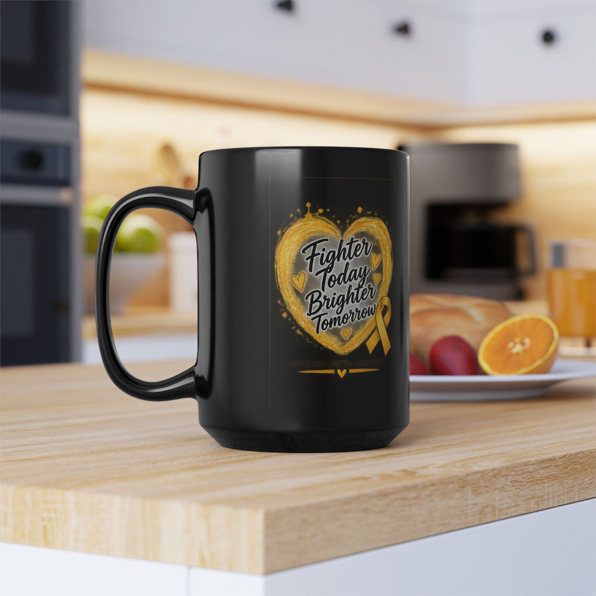 Childhood Cancer Awareness Ribbon Mug — “Fighter Today, Brighter Tomorrow” Black Coffee Mug