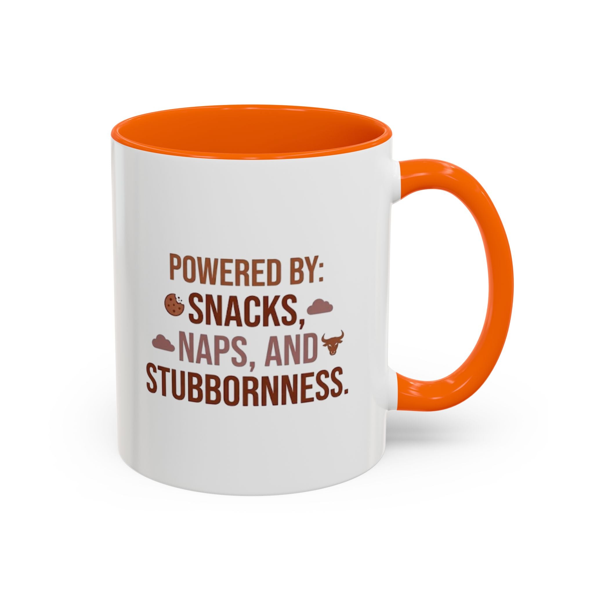 Coffee Mug — "Powered by: Snacks, Naps, and Stubbornness" Ceramic Accent Mug