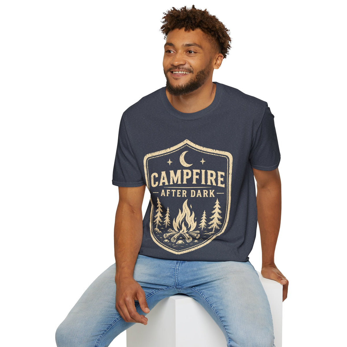 Campfire After Dark T-Shirt — Retro Camping Badge Tee for Outdoor Lovers