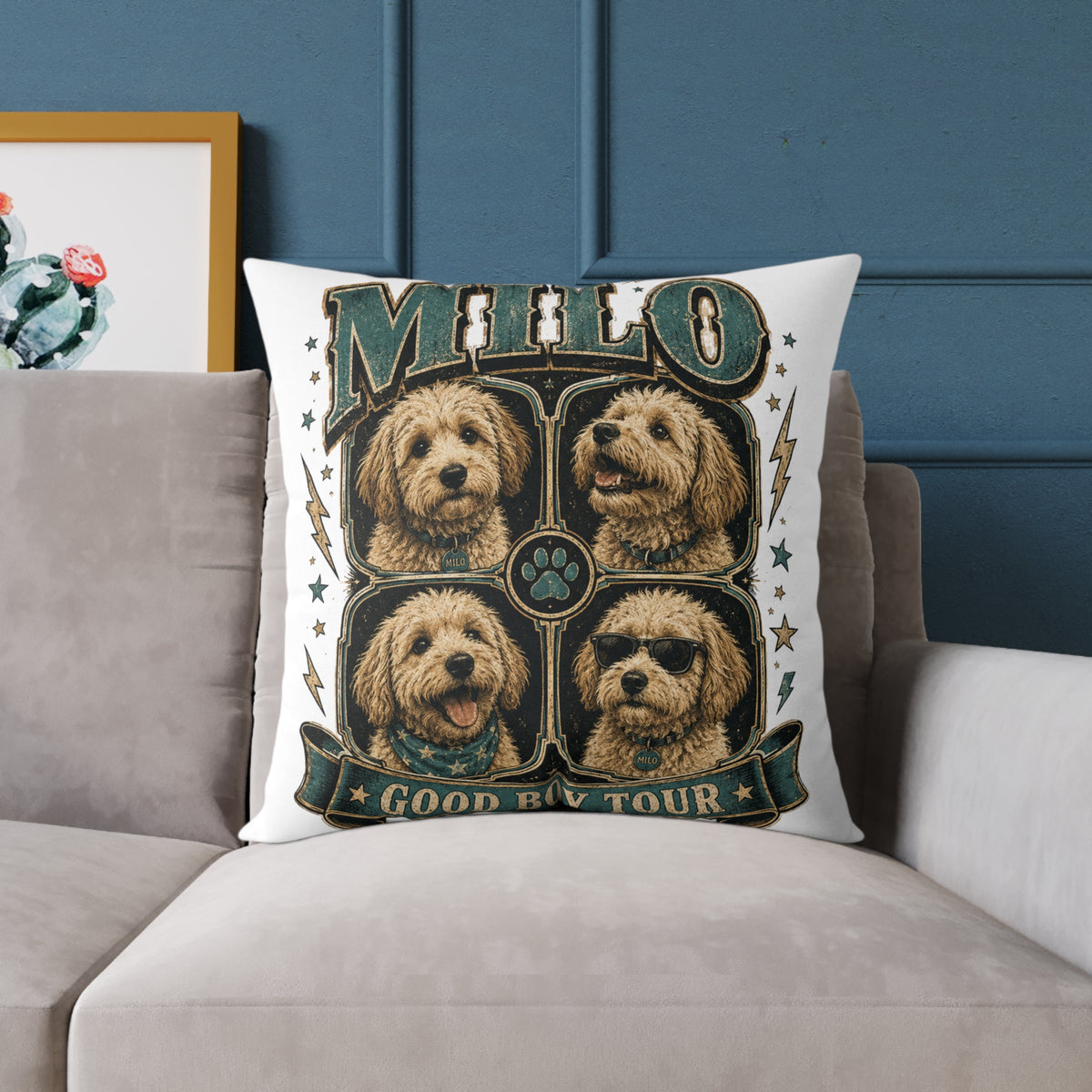 Milo 'Good Boy Tour' Square Canvas Pillow — Dog Portrait Decorative Throw Pillow