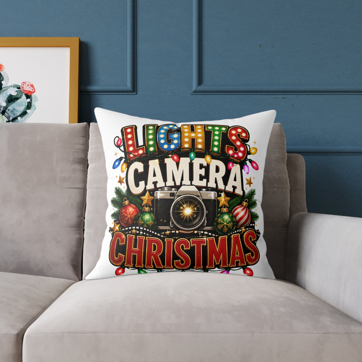 Christmas Photo Pillow - "Lights Camera Christmas" Decorative Square Throw Pillow
