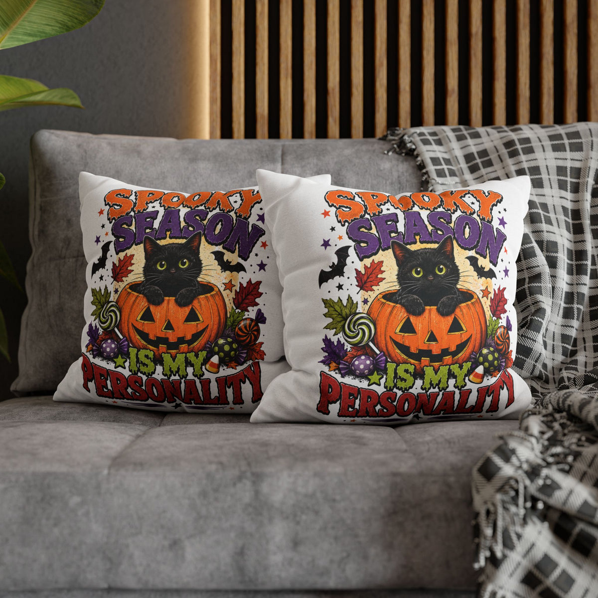 Halloween Pillowcase — "Spooky Season Is My Personality" Black Cat & Pumpkin Decorative Pillow Cover