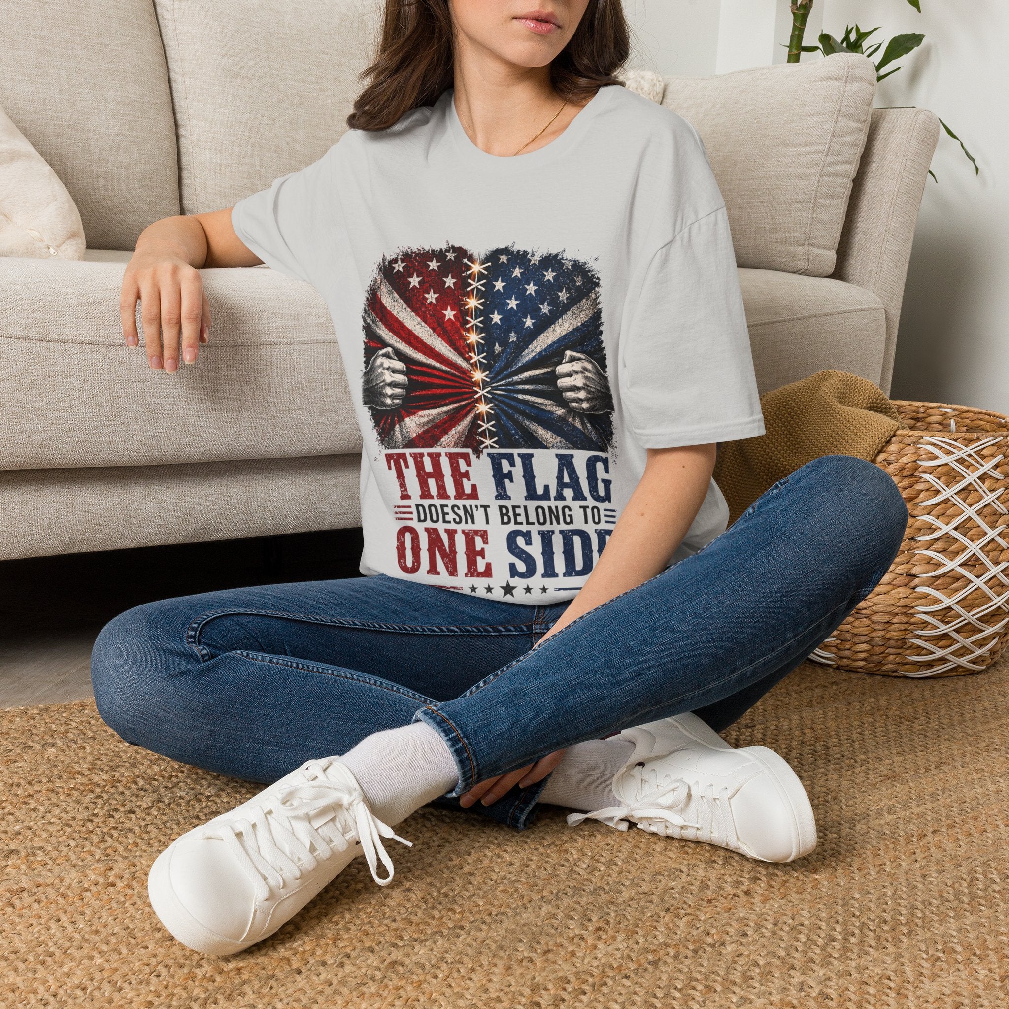 T-Shirt — "The Flag Doesn't Belong to One Side" Distressed American Flag Graphic