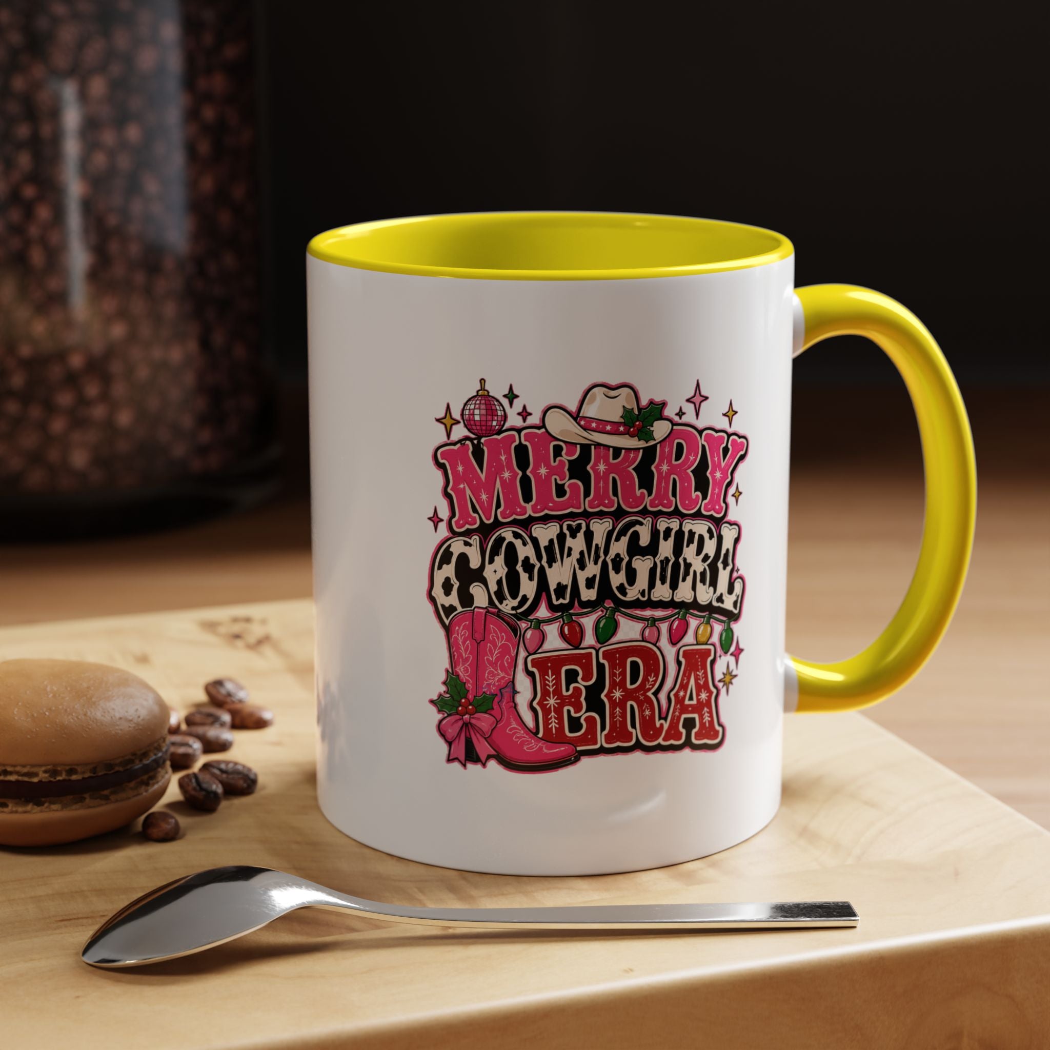 Modern Day Christmas Merry Cowgirl Era Accent Coffee Mug — Festive Pink Western Cowboy Boots & Hat Mug
