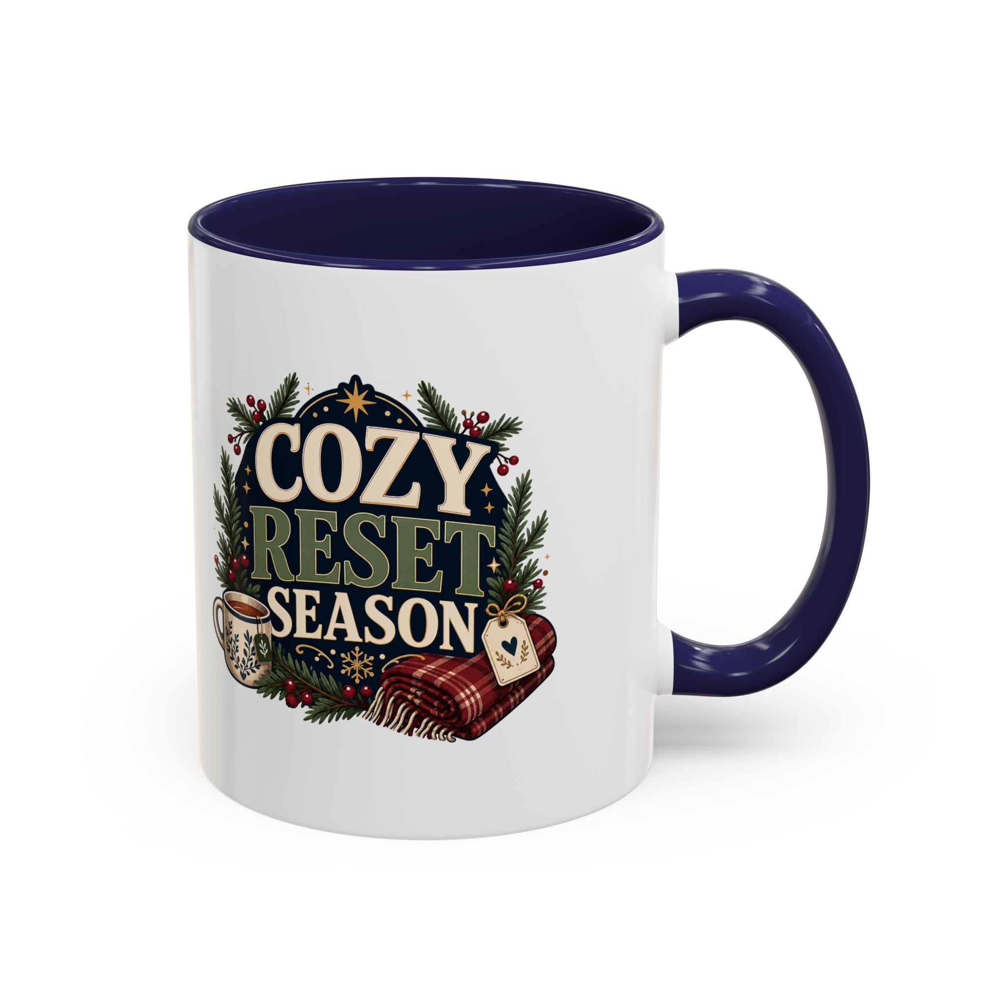 Modern Day Christmas Cozy Reset Season Mug — Holiday Coffee Cup with Blanket & Tea Tag Design