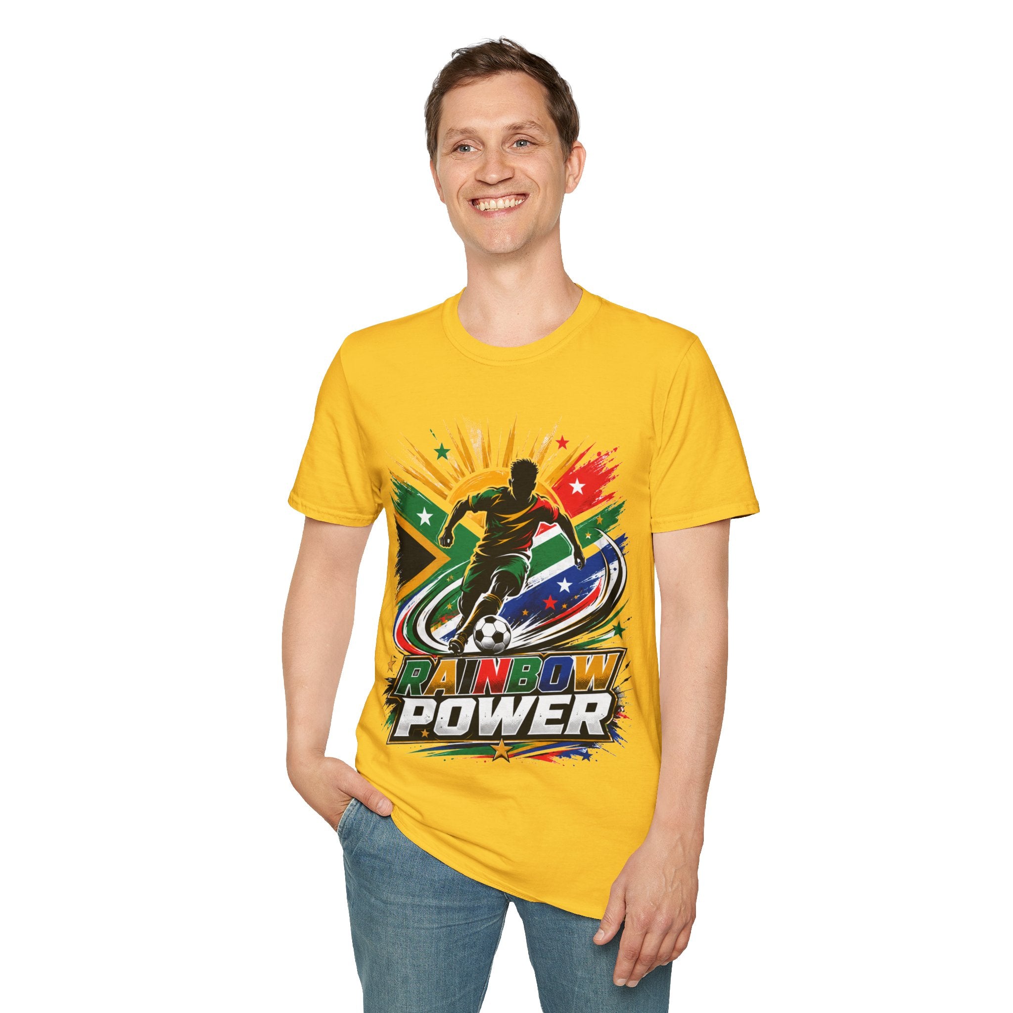 South Africa Soccer Rainbow Power T-Shirt — Colorful Football Player Graphic Tee