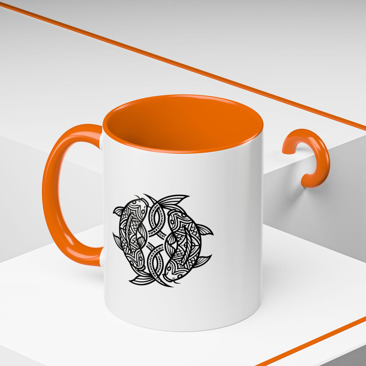 Pisces Zodiac Turtle Mandala Accent Coffee Mug – Black Interior & Handle, Intricate Tribal Sea Turtle Design