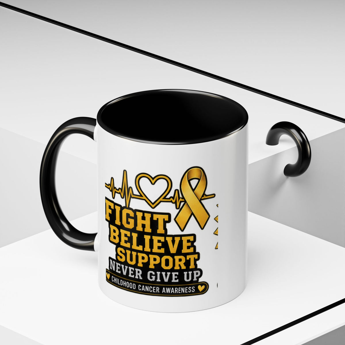 Childhood Cancer Awareness Accent Coffee Mug — "Fight Believe Support" 11/15oz