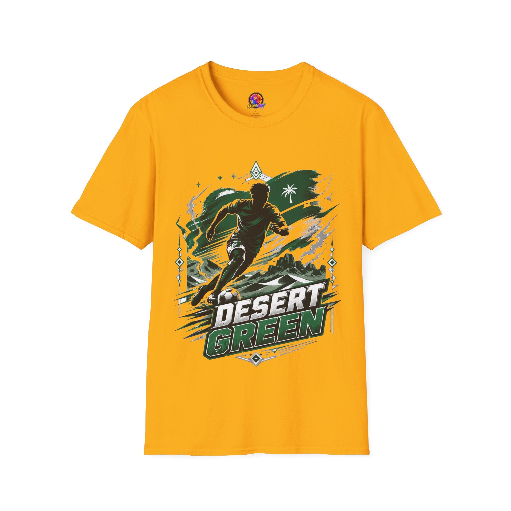 Saudi Arabia Desert Green Soccer T-Shirt — Silhouette Player Graphic