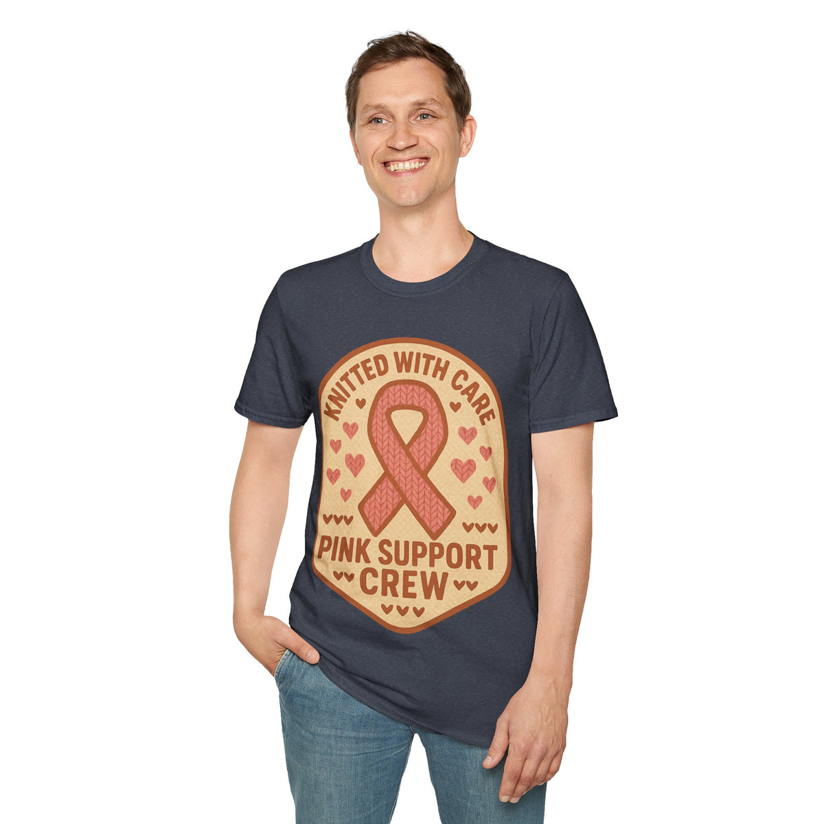 Pink Support Crew Knitted With Care Shield Badge T-Shirt, Breast Cancer Awareness Tee - Trending Now - September 2026