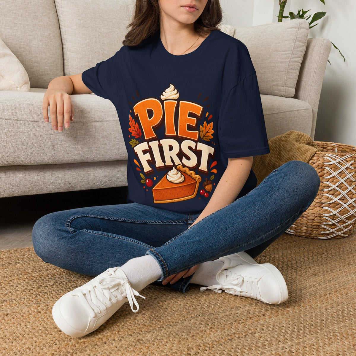 Thanksgiving T-Shirt Pie First T-Shirt — Funny Thanksgiving Pumpkin Pie Graphic Tee