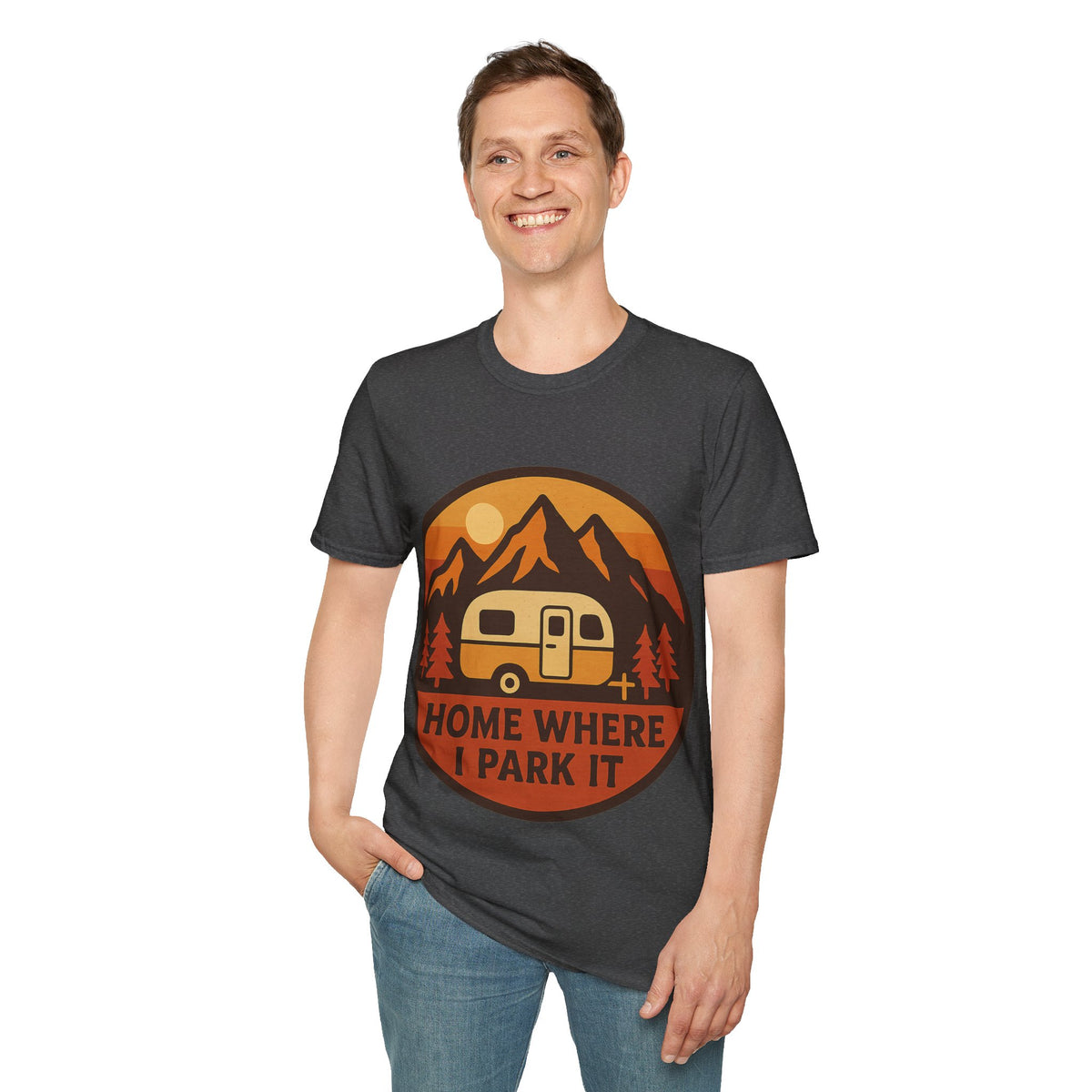 "Home Where I Park It" Vintage Camper Van Graphic Tee - Retro Sunset Mountain White T-Shirt - Trending Now - September 2026