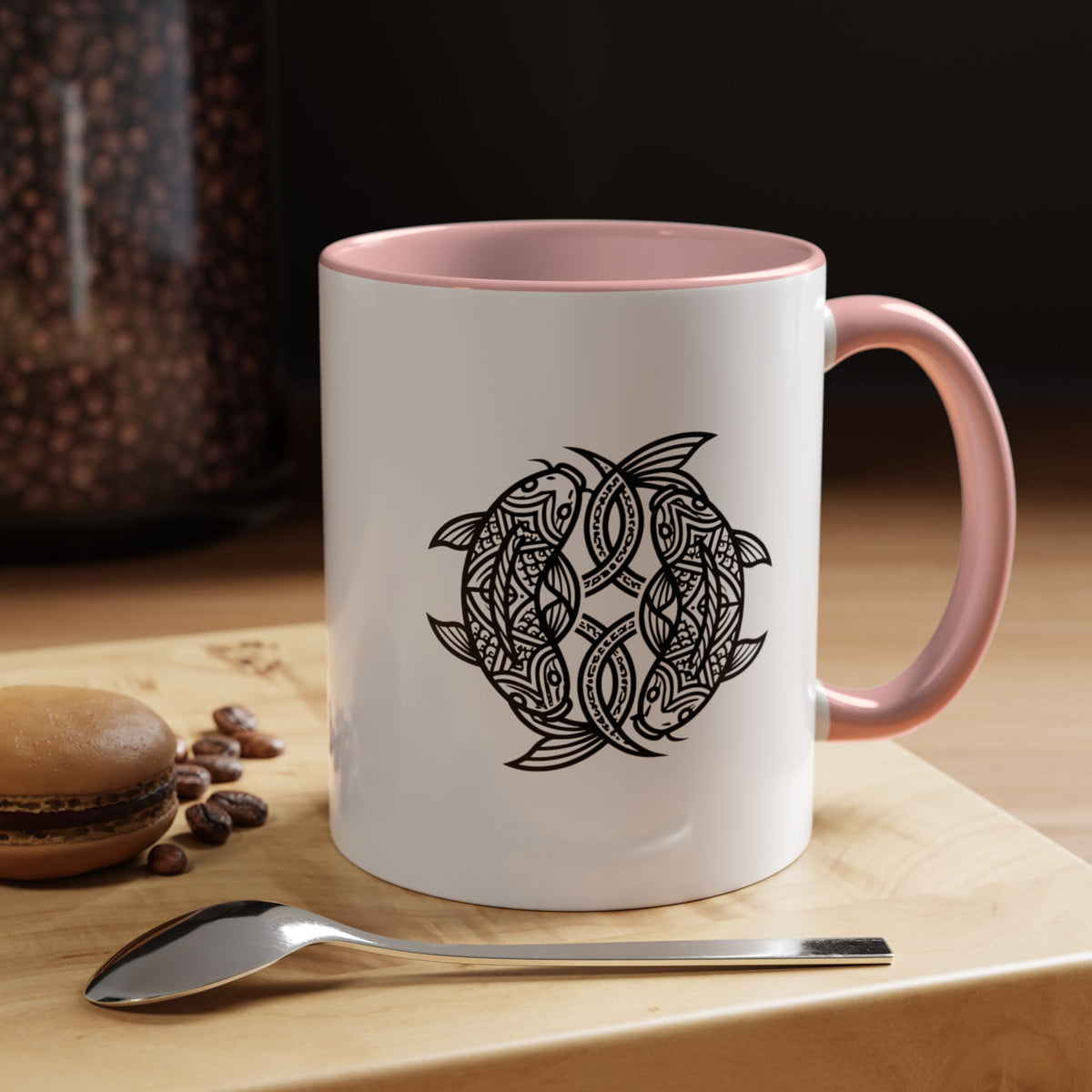 Pisces Zodiac Turtle Mandala Accent Coffee Mug – Black Interior & Handle, Intricate Tribal Sea Turtle Design