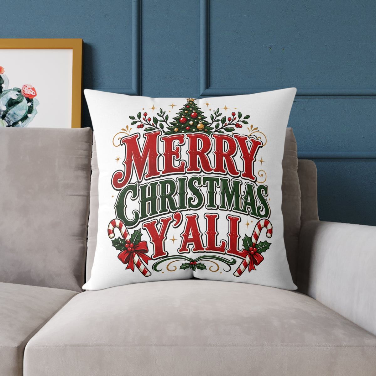 Merry Christmas Y'all Pillow — Festive Holiday Square Throw Pillow