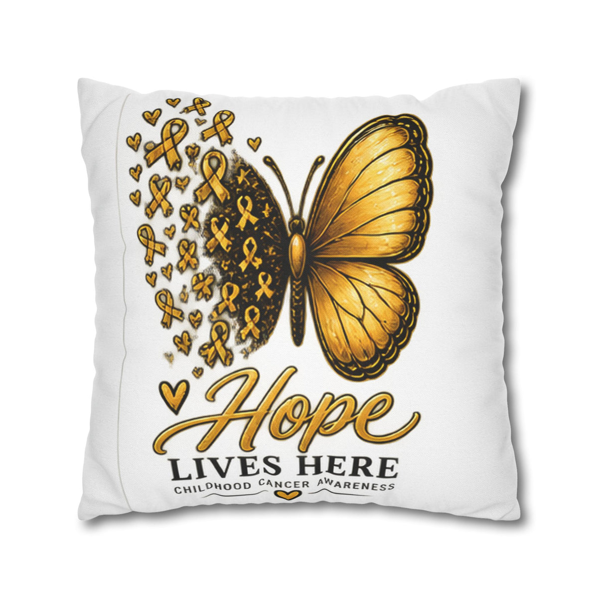 Childhood Cancer Awareness Pillow – "Hope Lives Here" Gold Ribbon Butterfly Square Pillowcase