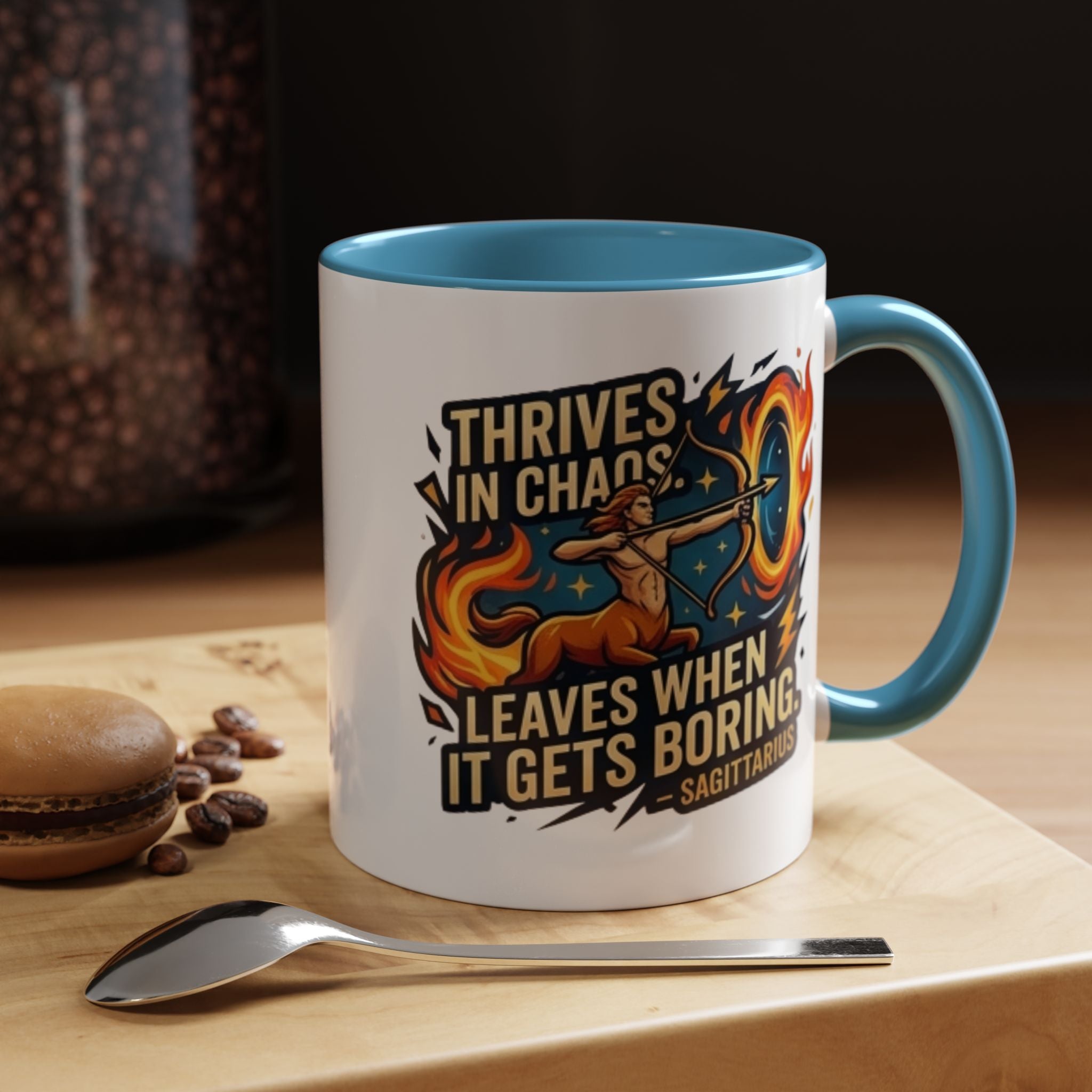 Sagittarius Coffee Mug – "Thrives in Chaos, Leaves When It Gets Boring" Accent Mug