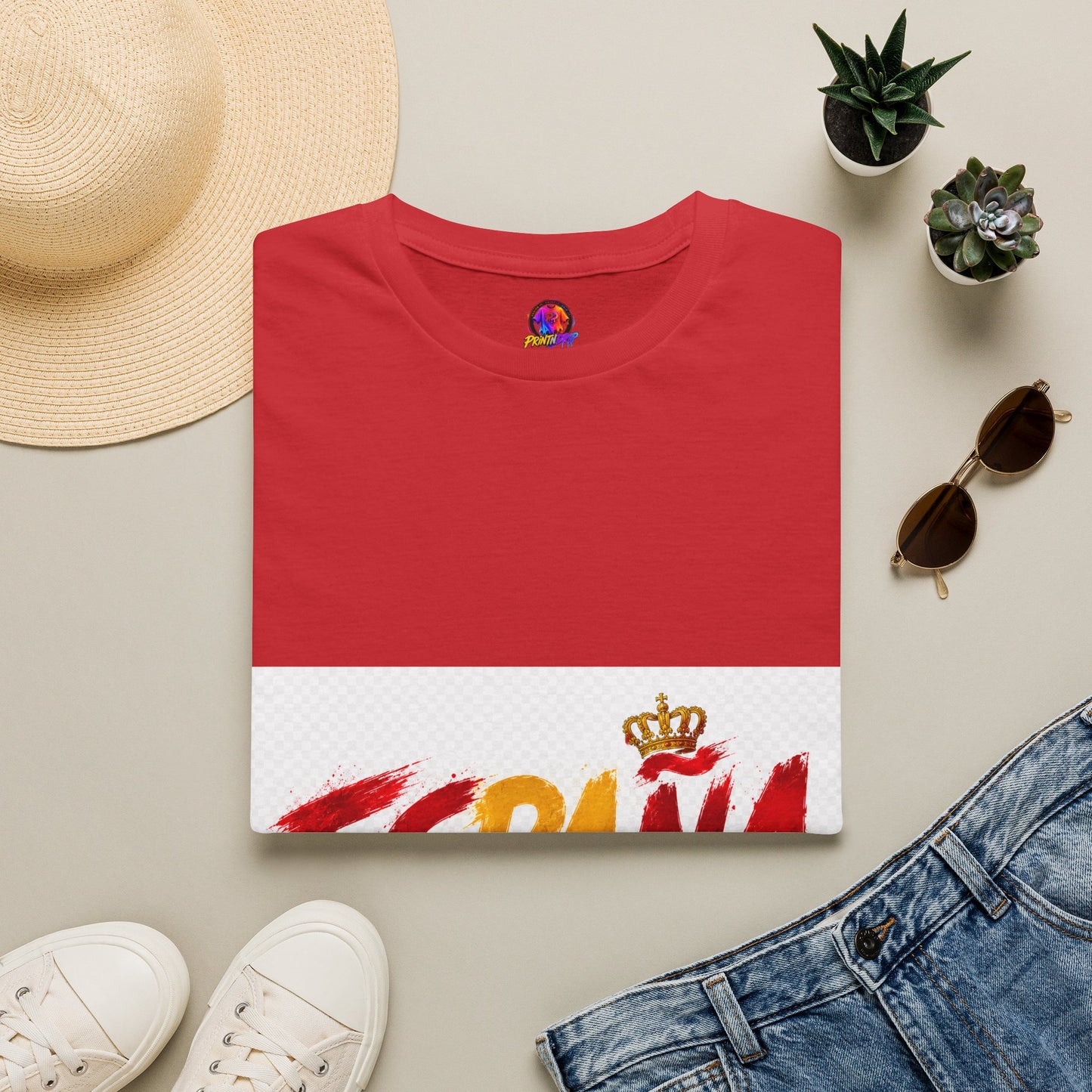 Spain  Graphic T-Shirt — Spanish Flag Brushstroke Design with Crown