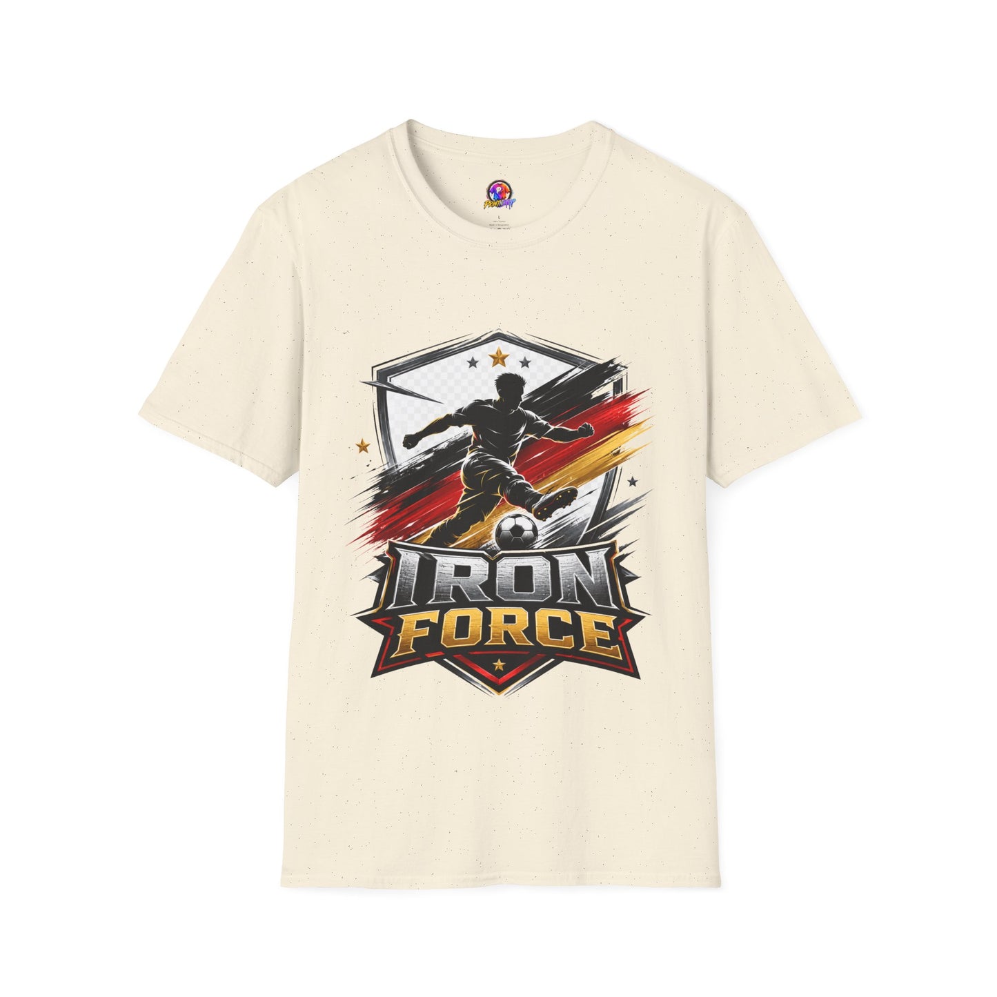 Germany Soccer 'Iron Force' Graphic T-Shirt — Player Silhouette with Red & Gold Brushstroke Emblem