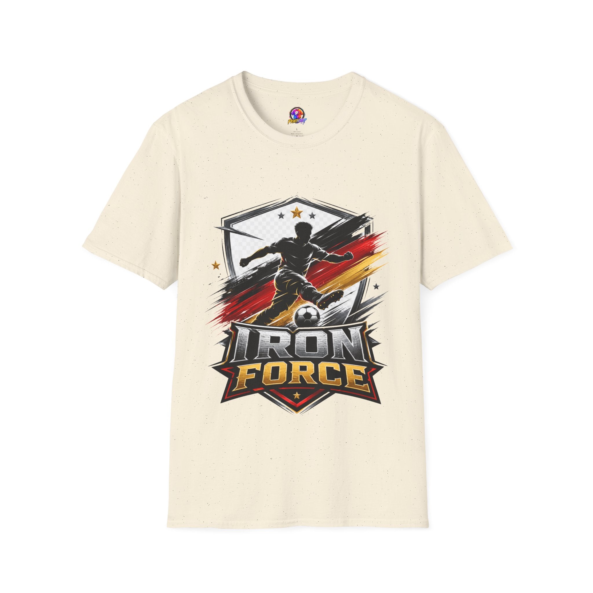 Germany Soccer 'Iron Force' Graphic T-Shirt — Player Silhouette with Red & Gold Brushstroke Emblem