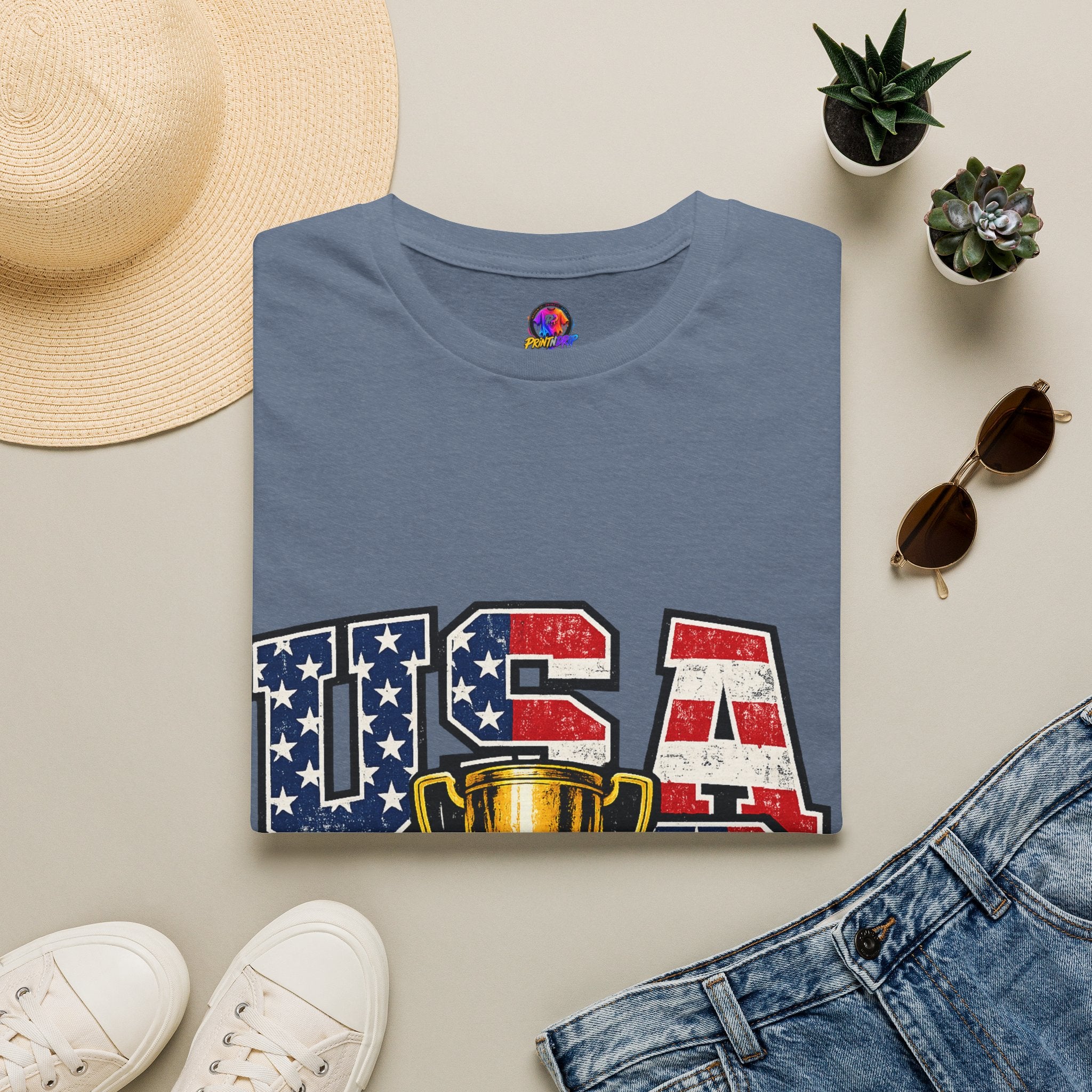 USA Trophy T-Shirt — Patriotic American Flag Graphic Tee