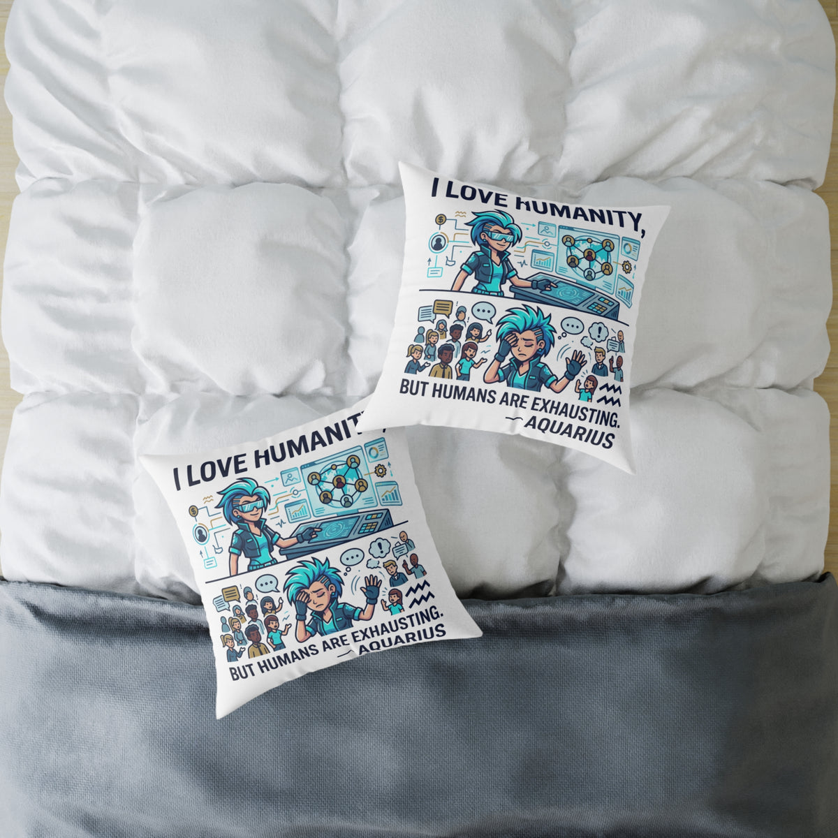 Aquarius Zodiac I love Humanity But Humans Are Exhausting Square Poly Canvas Pillow