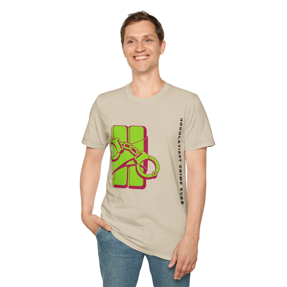 Chocolateie Graphic T‑Shirt — Green Candy Bar with Handcuffs Design - Trending Now - September 2026