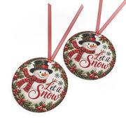 Let It Snow Snowman Metal Ornament — Round Christmas Holiday Decoration