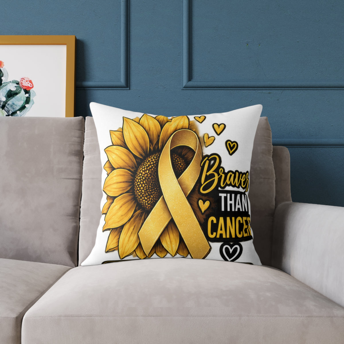 Sunflower Gold Ribbon Pillow —Childhood Cancer  'Braver Than Cancer' Awareness Throw Pillow