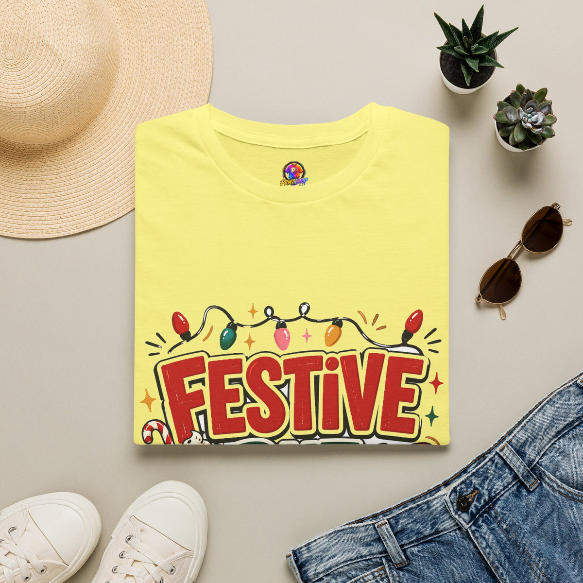 Festive But Tired T-Shirt — Holiday Christmas Crew Tee with Lights & Gingerbread