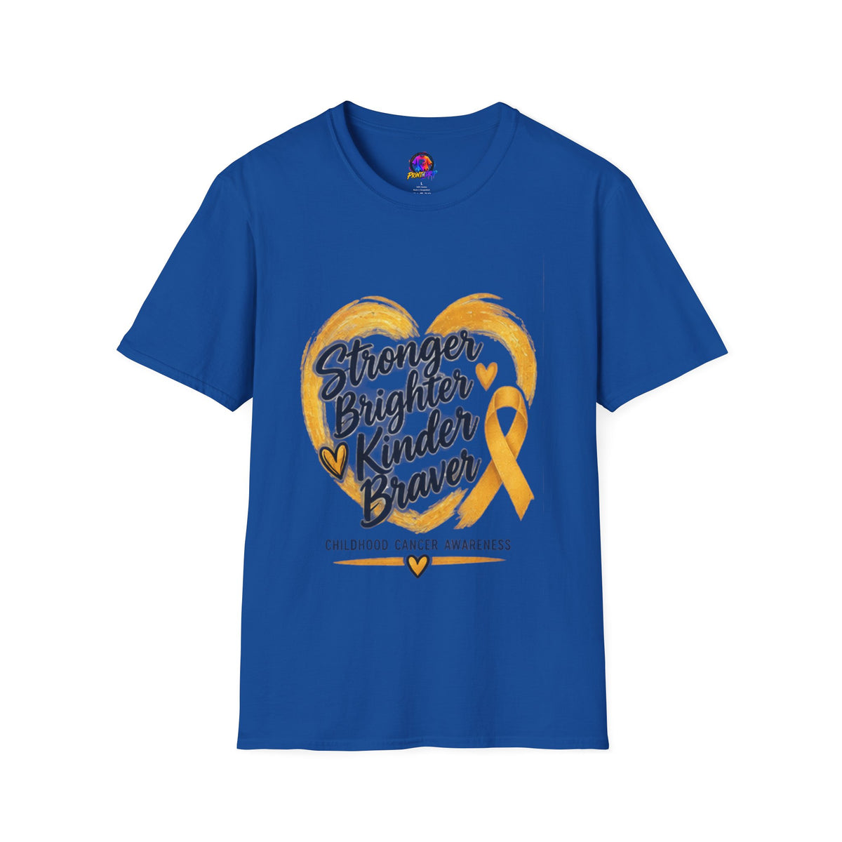 Childhood Cancer Awareness T-Shirt — "Stronger Brighter Kinder Braver" Gold Ribbon