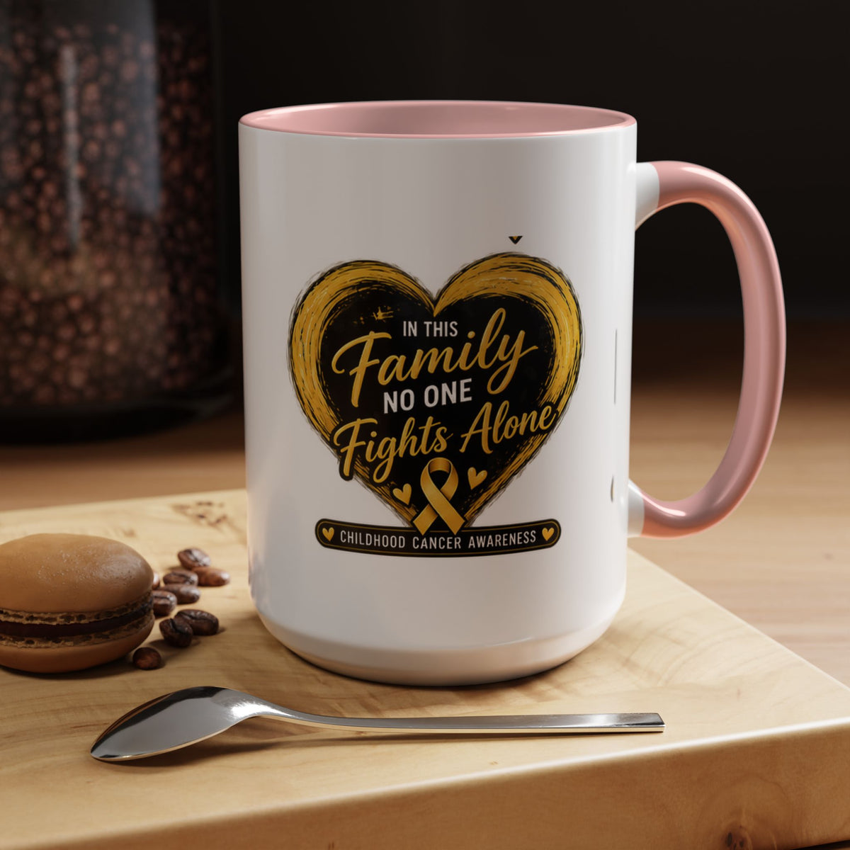 Childhood Cancer Awareness Accent Coffee Mug — "In This Family No One Fights Alone"