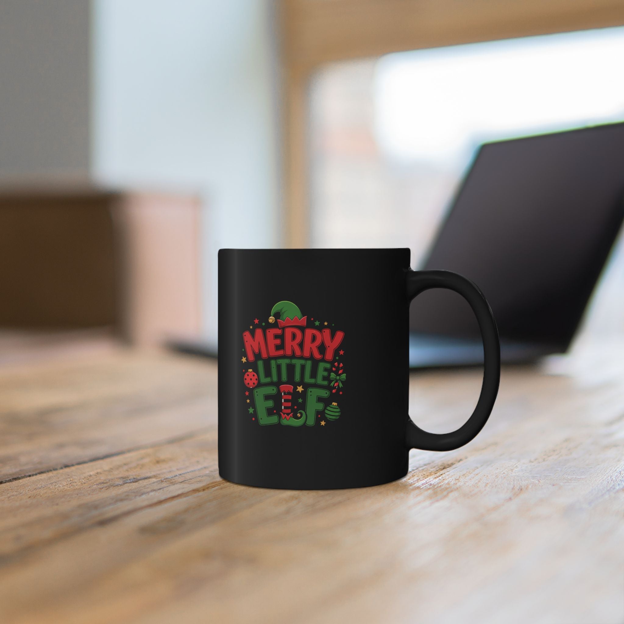 Merry Little Elf Black Mug — Cute Christmas Holiday Coffee Cup