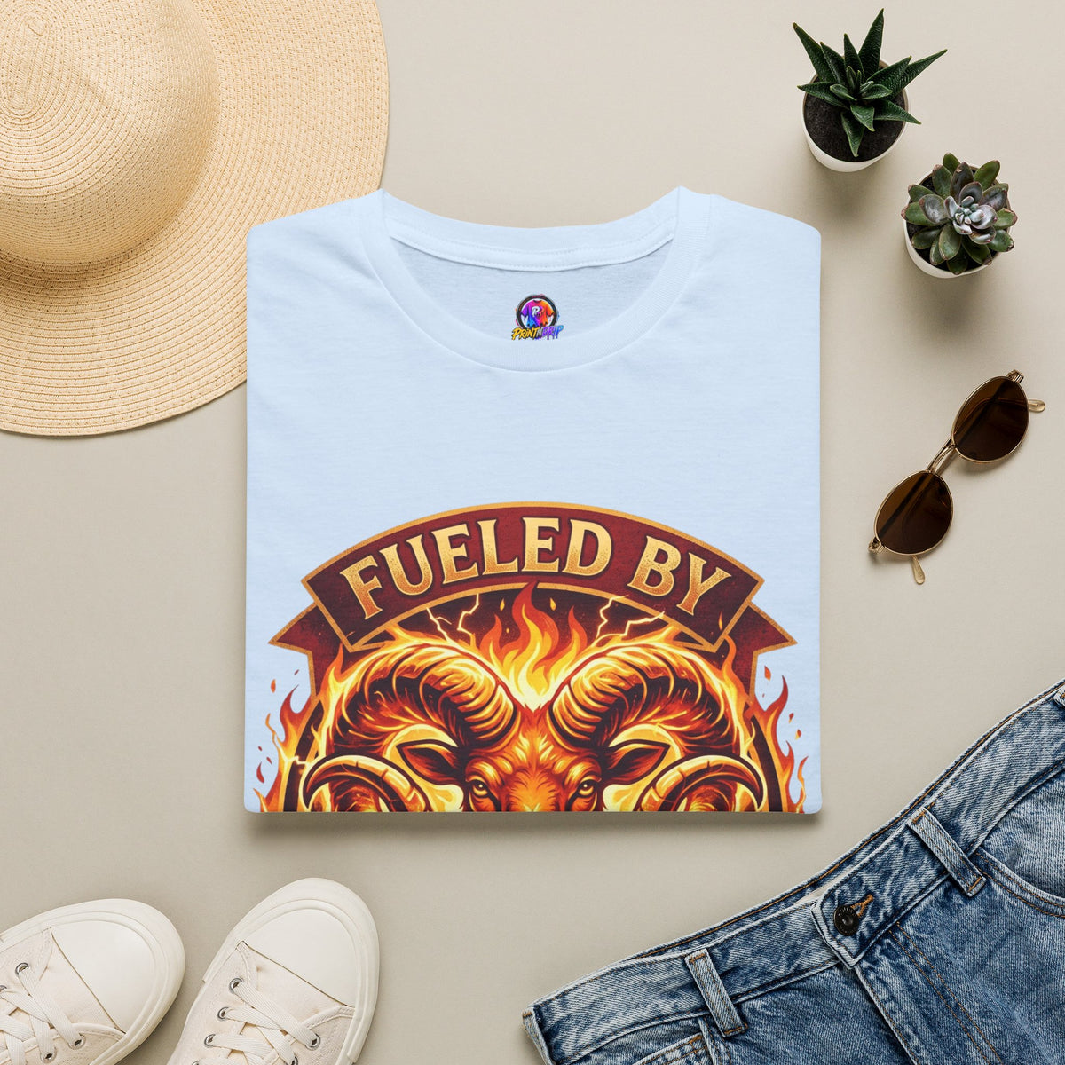 Aries Zodiac Fueled By Fire & Aries Energy T-Shirt — Zodiac Ram Graphic Tee